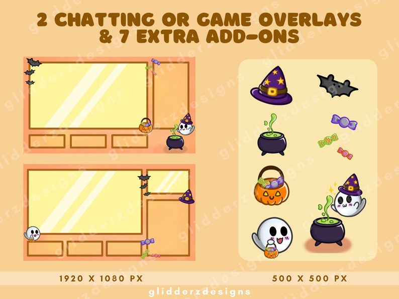 Op de afbeelding: Twee digitale streaming-overlays en zeven extra grafische elementen met Halloween-thema's. De set bevat een paarse heksenhoed, een zwarte ketel met groene toverdrank, een pompoen-snoepemmer, een spookje en diverse snoepjes.