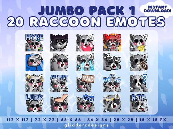 Raccoon Emotes JUMBO Pack 1 | Cute Raccoon Twitch Emotes | 20 Raccoon Discord Emotes | Trash Panda Emotes Twitch | Raccoon Emote Twitch