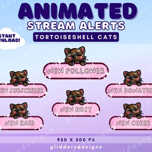 Cat Alerts Twitch | Twitch Cat ANIMATED Alerts | Tortoiseshell Cat Stream Alerts Animated | Pink Twitch Alerts Cats