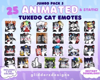 Może przedstawiać: Cyfrowa kolekcja 25 animowanych i statycznych emotikonów kota tuxedo z napisem JUMBO PACK 3. Grafika przedstawia różne wyrazy pyszczka i czynności kotów, w tym trzymanie przedmiotów takich jak karta kredytowa, trąbka i kosz na śmieci.