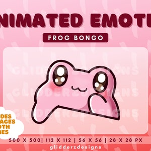 May include: Animated emote of a pink frog with large brown eyes, smiling and waving. The emote is titled "Frog Bongo" and includes PNG images of both frames in 500x500, 112x112, 56x56, and 28x28 pixels.
