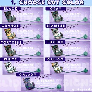 May include: A digital illustration of nine different cat breeds, each with a unique color pattern. The cats are holding yarn balls and are set against a purple background with white paw prints. The text "Choose Cat Color" is at the top of the image. The cat breeds are: Black, Gray, Orange, Siamese, Tortoise, Tuxedo, White, Calico, and Galaxy.