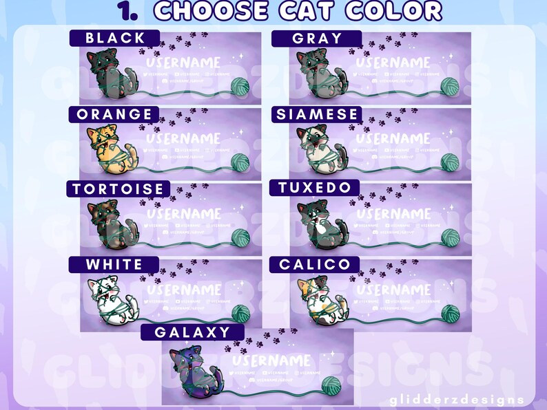 May include: A digital illustration of nine different cat breeds, each with a unique color pattern. The cats are holding yarn balls and are set against a purple background with white paw prints. The text "Choose Cat Color" is at the top of the image. The cat breeds are: Black, Gray, Orange, Siamese, Tortoise, Tuxedo, White, Calico, and Galaxy.