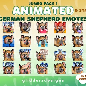 German Shepherd ANIMATED Emotes Jumbo Pack 1 | 20 Dog Twitch Emotes | 20 Static AND Animated Dog Emotes | German Shepherd Emotes