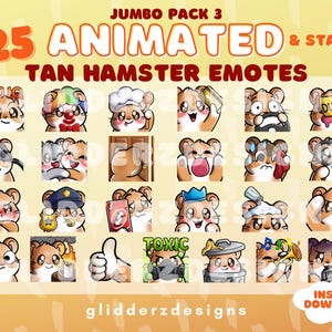 Hamster GEANIMEERDE Twitch Emotes Jumbo Pack 3 | 25 statische EN geanimeerde hamster-emotes | Bruine hamster Twitch-emotes | Geanimeerde emotes voor hamsters