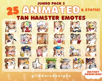 May include: A set of 25 animated and static hamster emotes. The emotes feature a tan hamster with different expressions and accessories. The emotes are perfect for use on Twitch, Discord, or other online platforms.