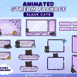 猫の Twitch パッケージ アニメーション | 猫のアニメーション ストリーム パッケージ | 黒猫のストリーム オーバーレイ パッケージ | 紫のストリーム オーバーレイ アニメーション