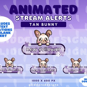 Tan Bunny Twitch Alerts | Bunny Animated Twitch Alerts | Purple Flower Alerts for Twitch | Purple Twitch Alerts