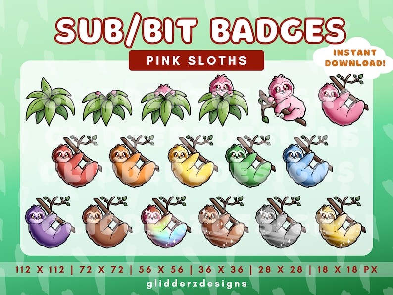 Sloth Micro Bit Pink Sloth Sub Badges | Sloth Twitch Badges | Cute Sloth Bit Badges ...