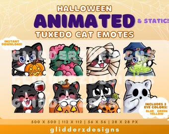Może przedstawiać: Cyfrowy zestaw emotikonów z kotami tuxedo na Halloween z animowanymi i statycznymi wzorami. Koty przedstawiono jako dynię, zombie, mumię, czarownicę, pijącego wino i ducha. Tekst zawiera HALLOWEEN ANIMATED & STATIC! TUXEDO CAT EMOTES, INSTANT DOWNLOAD! oraz INCLUDES 3 EYE COLORS: BLUE GREEN YELLOW.