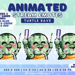 Puede incluir: Emotes animados de Twitch con una tortuga verde que lleva una camisa amarilla y sostiene una varita luminosa. Los emotes están disponibles en tres variaciones de color: rosa y azul, morado y verde, y azul y rojo. El texto "TURTLE RAVE" está incluido en la imagen.