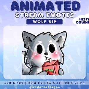 Puede incluir: Emoticono animado de Twitch con un lobo de dibujos animados de pelaje gris, bebiendo de una caja de jugo roja con una pajita. El lobo tiene un rubor rosado en las mejillas y grandes ojos negros. El emoticono está disponible en cuatro tamaños: 500 x 500 píxeles, 112 x 112 píxeles, 56 x 56 píxeles y 28 x 28 píxeles.