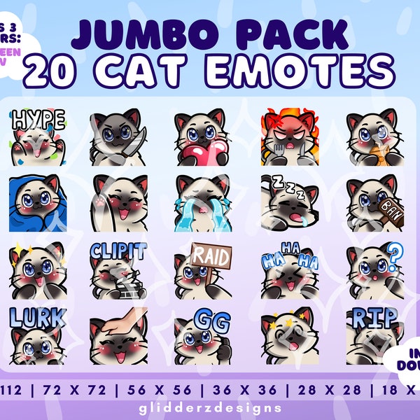 Pack JUMBO d'emotes de chat Twitch | 20 émoticônes de chat siamois | Pack d'emotes de flux de chat siamois | Emotes chat siamois | Émotes de chat mignon