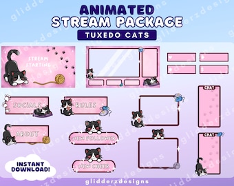 Cat Twitch Overlay Animated Package / Tuxedo Cat Twitch Overlays / Animated Twitch Overlay Cat / Tuxedo Cat Twitch Package / Pink Overlays