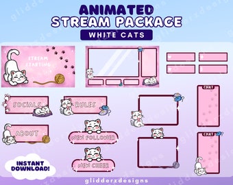 Paquete de superposición de gato animado / Paquete de twitch de gato blanco / Paquete de transmisión de gato / Paquete de superposición de rosa / Superposiciones de twitch de gato animado