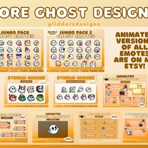 Op de afbeelding: Een digitale collectie van stream-assets met spookthema, inclusief emotes, badges, overlays, panelen en waarschuwingen. De tekst luidt MORE GHOST DESIGNS, glidderzdesigns, JUMBO PACK GHOST EMOTES, STREAM BADGES en ANIMATED VERSIONS OF ALL EMOTES ARE ON MY ETSY.