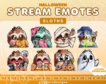 May include: Set of eight Halloween-themed sloth emoticons. The emoticons feature various costumes and props, including a pumpkin, a witch's hat, a cauldron, a vampire costume, a mummy costume, a candy bag, and a ghost costume. The emoticons are in various sizes, ranging from 18 x 18 pixels to 112 x 112 pixels.