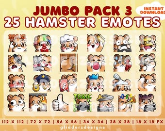 May include: A digital art graphic featuring 25 hamster emotes in various poses and expressions. The emotes are in a cartoon style, with a variety of props and accessories. The text "JUMBO PACK 3" and "25 HAMSTER EMOTES" is displayed at the top.