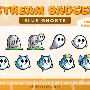 Könnte beinhalten: Ein Satz von acht blauen Geister-Stream-Badges in verschiedenen Posen, darunter ein Geist mit einer Krone, ein Geist mit Hörnern und ein Geist mit einem Dreizack. Die Badges sind in acht verschiedenen Größen erhältlich, von 18 x 18 Pixel bis 112 x 112 Pixel. Der Text "STREAM BADGES" und "BLUE GHOSTS" wird oben im Bild angezeigt. Der Text "INSTANT DOWNLOAD!" wird in einer Sprechblase oben rechts im Bild angezeigt.