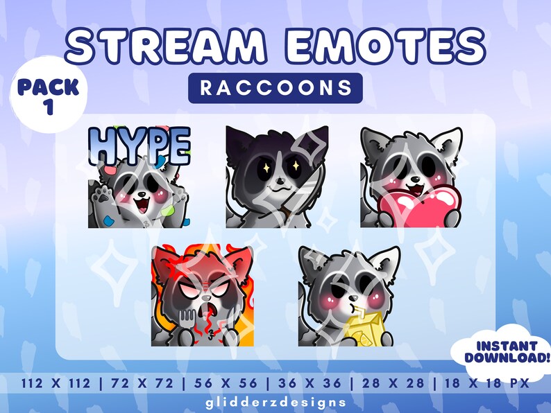 May include: A set of five animated raccoon emotes for streaming. The emotes are in different poses and expressions, including hype, love, angry, and cute. The emotes are in various sizes, ranging from 18 to 112 pixels.