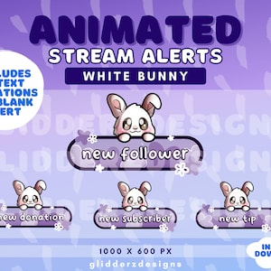 White Bunny Twitch Alerts | Bunny Animated Twitch Alerts | Purple Flower Alerts for Twitch | Purple Twitch Alerts
