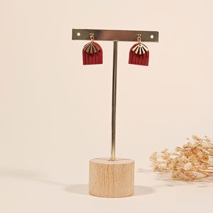 Maroon Terracotta Polymer Clay Earrings: Gold Fan Dangles