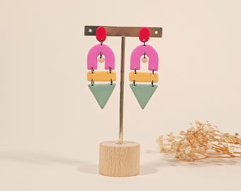Bunte Geometrische Ohrringe – Handgemachte Statement Ohrringe aus Polymer Clay – Auffälliger Retro Schmuck