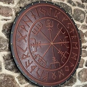 Viking Shield Norse Compass Shield wooden shield Battle-Ready Handcarved Design Norse Shield Reenactment Wall Decor Shield image 1