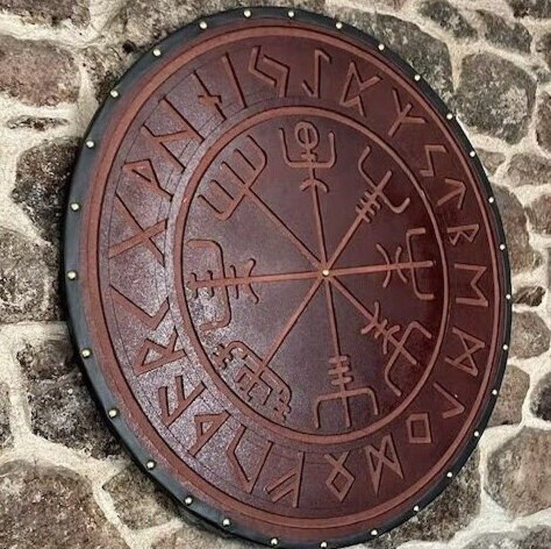 Viking Shield Norse Compass Shield wooden shield Battle-Ready Handcarved Design Norse Shield Reenactment Wall Decor Shield image 1