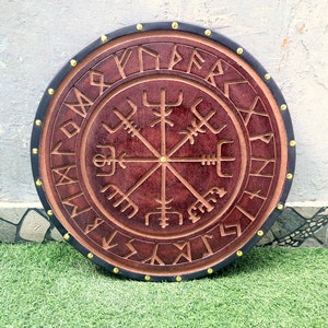 Viking Shield Norse Compass Shield wooden shield Battle-Ready Handcarved Design Norse Shield Reenactment Wall Decor Shield image 4