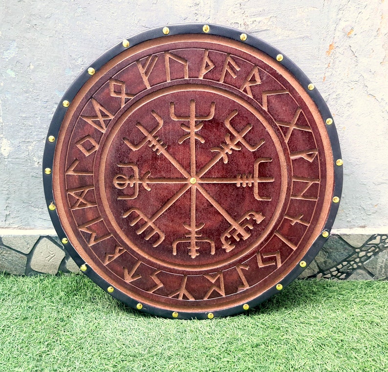 Viking Shield Norse Compass Shield wooden shield Battle-Ready Handcarved Design Norse Shield Reenactment Wall Decor Shield image 4