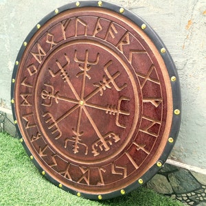 Viking Shield Norse Compass Shield wooden shield Battle-Ready Handcarved Design Norse Shield Reenactment Wall Decor Shield image 3