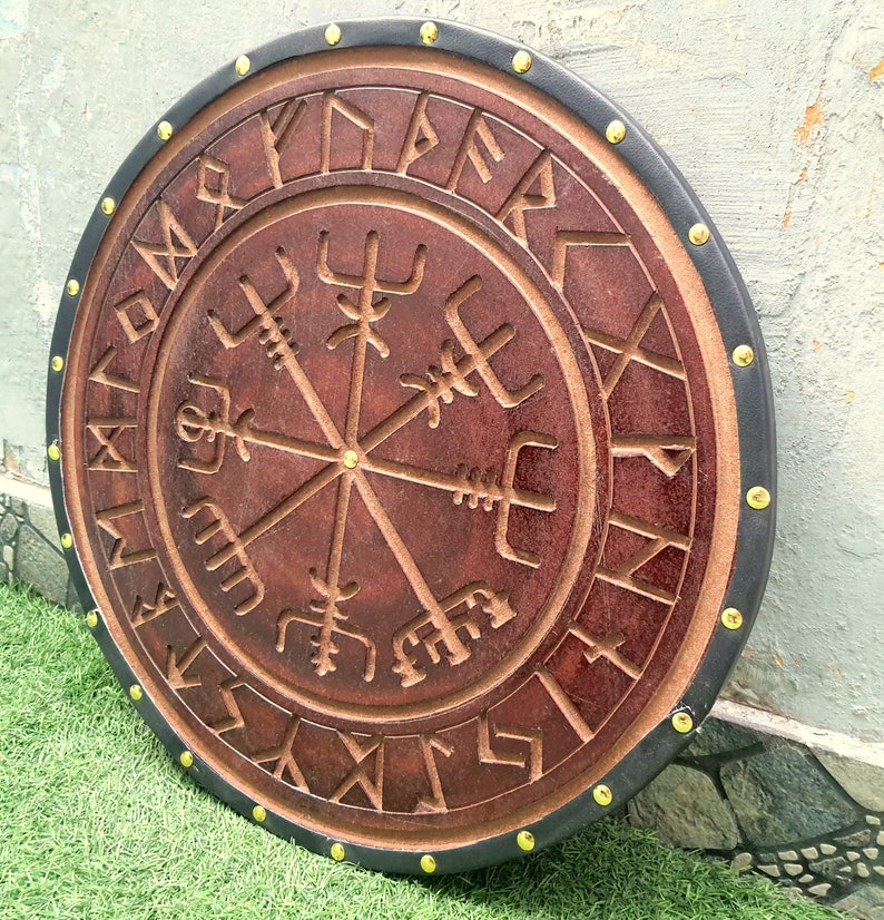 Viking Shield Norse Compass Shield wooden shield Battle-Ready Handcarved Design Norse Shield Reenactment Wall Decor Shield image 3