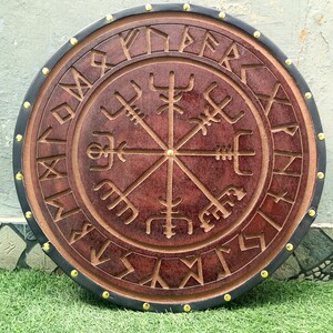 Viking Shield Norse Compass Shield wooden shield Battle-Ready Handcarved Design Norse Shield Reenactment Wall Decor Shield image 2