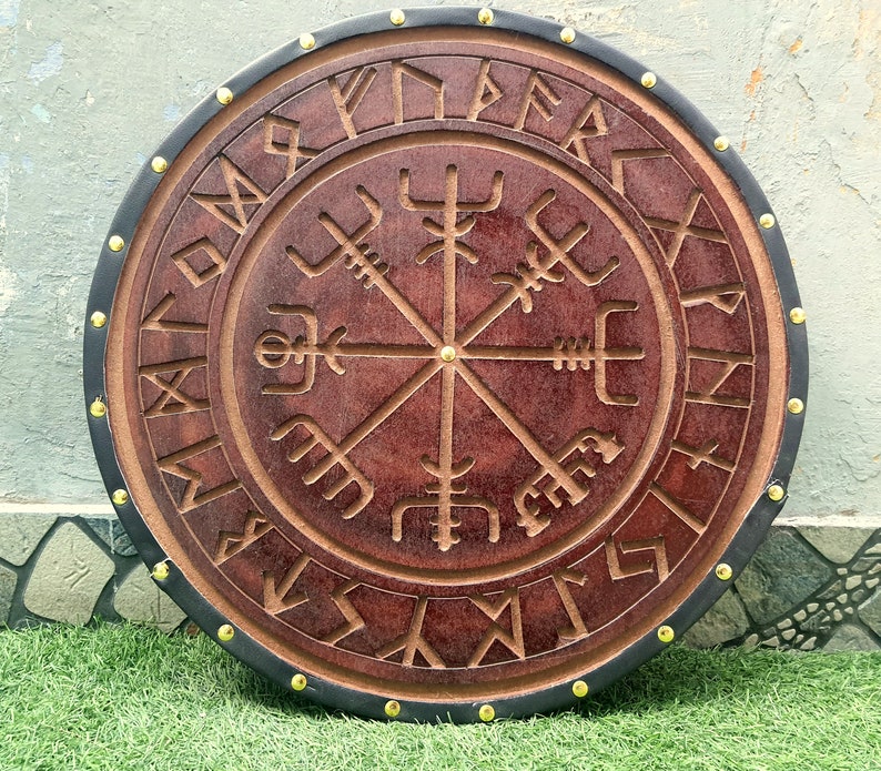 Viking Shield Norse Compass Shield wooden shield Battle-Ready Handcarved Design Norse Shield Reenactment Wall Decor Shield image 2