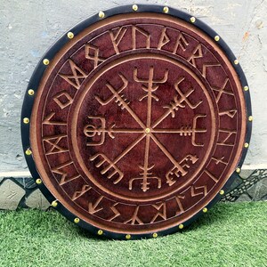 Viking Shield Norse Compass Shield wooden shield Battle-Ready Handcarved Design Norse Shield Reenactment Wall Decor Shield image 6