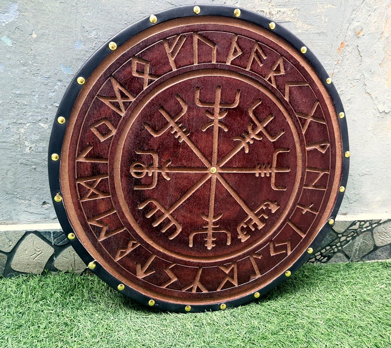 Viking Shield Norse Compass Shield wooden shield Battle-Ready Handcarved Design Norse Shield Reenactment Wall Decor Shield image 6