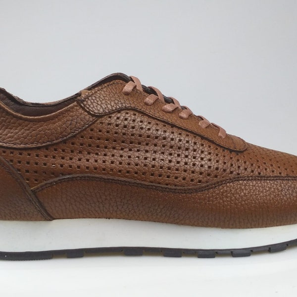 Brown Genuine Leather Men Sneaker Shoes Handmade