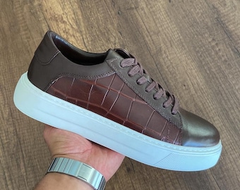 Genuine Leather Handmade Men's Sneaker Shoes Pattern Detailed Footwear