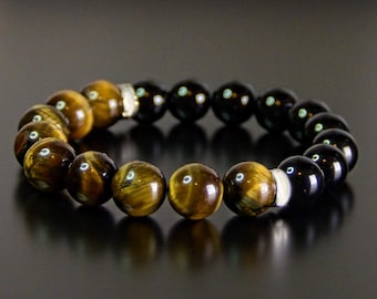 Tiger Eye Black Obsidian Bead Bracelet Chakra Energy Gift for Men and Women