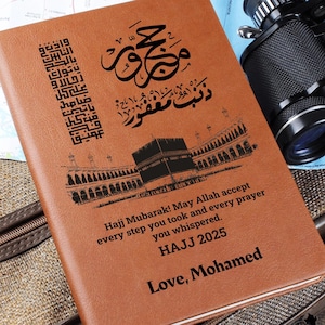 Presentes personalizados para o Hajj, Diário do Hajj Mubarak, Diário islâmico de couro para o Hajj, Presente de peregrinação a Meca, Ideias para presentes do Hajj, Lembrança de viagem muçulmana