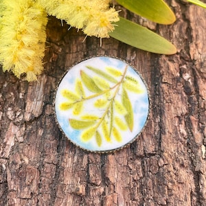 Spilla, acacia longifolia, mimosa dorata, arte originale, disegno a matita, gioielli botanici, flora, spilla a forma di fiore, cabochon, stile vintage
