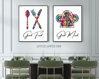 Kitchen mosaic wall art set of 2, Kitchen prints, Good food good mood print, Kitchen decor, Mosaic art, Home decor, Kitchen wall print