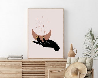 Boho moon printable, Bohemian wall art, Moon print, Boho moon decor, Neutral moon print, boho art, Digital download, Celestial art