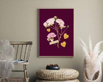 Botanical wall art printable, Bunch of flowers print, Pink flower print, Botanical poster, Pink flower wall art, Digital download