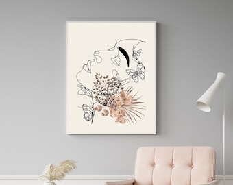 Arte de pared imprimible de flor de mariposa, Impresión de mariposa, Arte de pared minimalista, Arte de pared de flores, Impresión de arte de línea, Arte de línea minimalista