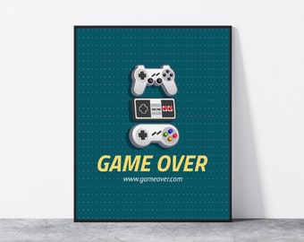 Retro gaming print , Retro game over print, controller wall art, Gaming printable, Gaming wall art, Gaming controller print, Game room print
