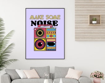 Retro music poster, Retro music wall art, Make some noise music printable, Music kids decor, Music lover print