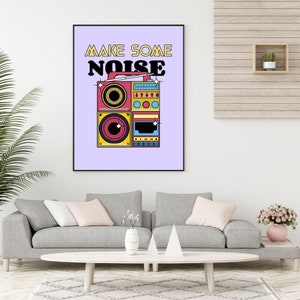 Retro music poster, Retro music wall art, Make some noise music printable, Music kids decor, Music lover print