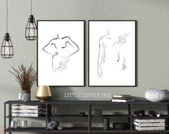 Set of 2 man and woman line art prints, Line art woman, Line art man, Flower line art, Minimal line wall art, Line art print flower